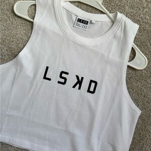 LSKD crop white tank with black letters